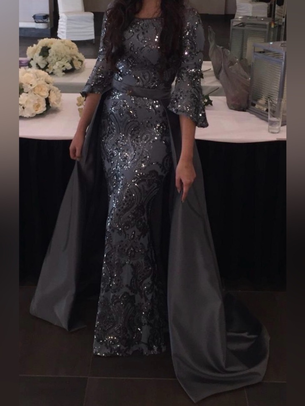 Betsy & Adam Embellished Sequin Lace Evening Gown in Slate Gray